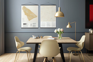 Stylish and eclectic dining room interior with mock up poster map, sharing table design chairs, gold pedant lamp. Calm gentle beige style