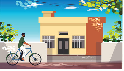 village man bicycle illustration - obrazy, fototapety, plakaty