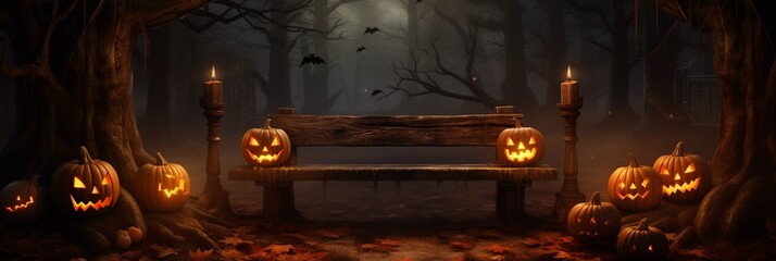 An old wooden empty bench with haunted evil glowing pumpkin lantern on spooky moon night forest, Halloween event or poster backgrounds, extra wide.
