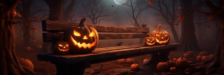 An old wooden empty bench with haunted evil glowing pumpkin lantern on spooky moon night forest, Halloween event or poster backgrounds, extra wide.