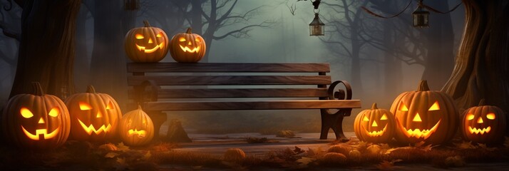 An old wooden empty bench with haunted evil glowing pumpkin lantern on spooky moon night forest, Halloween event or poster backgrounds, extra wide.