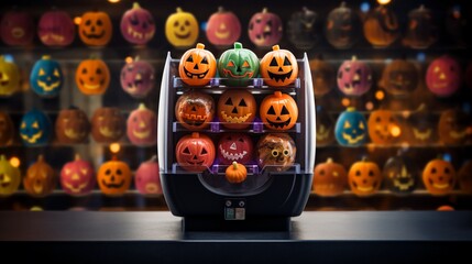 Halloween seasonal secret candy shop with vending machines full of spooky pumpkins and candies, colorful Halloween celebration background with copy space.