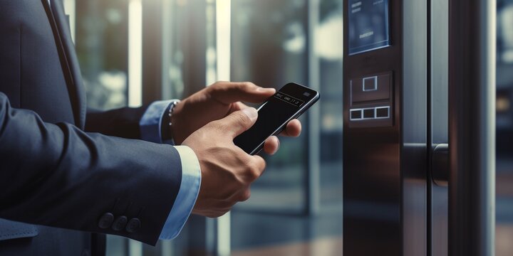 Businessman hand with business wear using smartphone to open automatic gate machine in office building. Working routine concept
