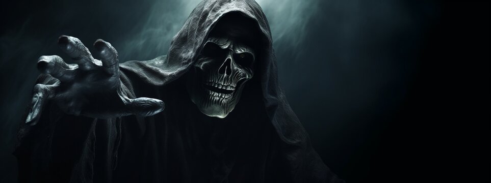 Grim reaper reaching towards the camera isolated on smoky scary dark background with copy space, Halloween poster idea.