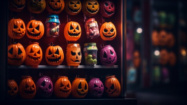 Halloween seasonal secret candy shop with vending machines full of spooky pumpkins and candies, colorful Halloween celebration background with copy space.