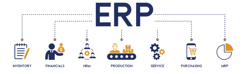 ERP banner website icon vector illustration concept for enterprise resource planning with icon of inventory, financials, hrm, production, service, purchasing, and mrp on white background