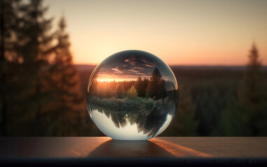 Glass ball showcasing a serene forest, Generative AI