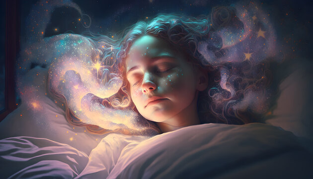 girl lies on bed with closed eyes, wonderful galactic dream above her head, dreamy hologram with dreams of travel, cozy evening atmosphere