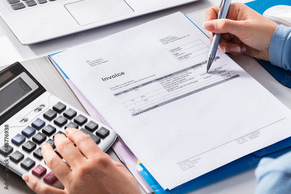 Poster businesswoman calculating invoice using calculator