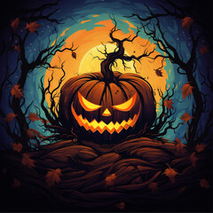 halloween background with pumpkin, halloween jack o lantern with flying leaves happy halloween illustration