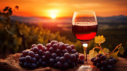 Grape field at sunset, bunches of grapes and glasses of red wine, generative ai