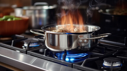 Saucepan on a hob with flames coming out of it like a chip pan fire