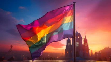 Foto op Canvas LGBTQ+ rainbow flag in front of church  © fantasy