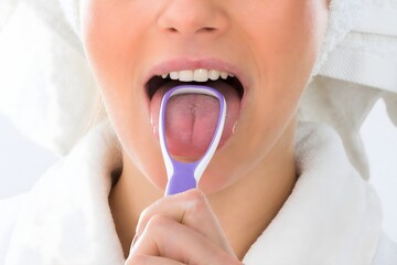 Woman Cleaning Her Tongue