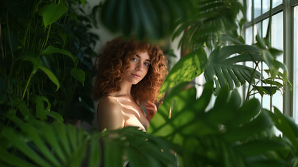 Portrait of beautiful topless red headed woman standing behind green monstera leaves