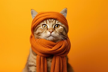 Cute Cat Dressed in a Fall/ Autumn Scarf and Hat on an Orange Background with Space for Copy