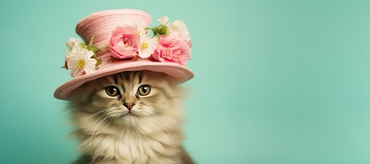 Cute Cat Dressed in a a Spring Hat on a Green Background with Space for Copy