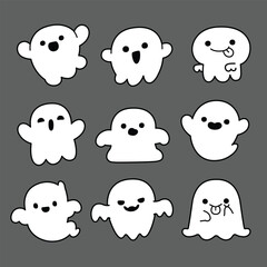 Obraz premium Set of Cute White Ghost in theme of Halloween. Vector illustration