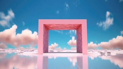 3d rendered Abstract aesthetic background. Surreal fantasy landscape. Water, pink desert, neon square shape chrome metallic gate under the blue sky with white clouds. Virtual reality wallpaper