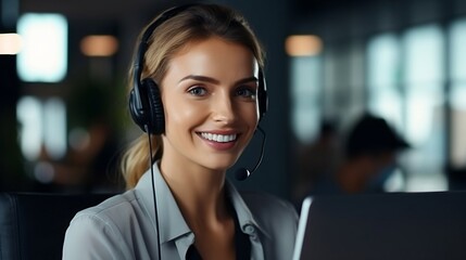 Portrait of happy smiling female customer support phone operator in headset, sitting at desk in office. Call center and customer service concept