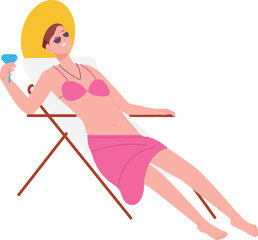 Happy young woman drink cocktail in beach deckchair