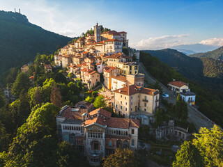 Obraz premium Aerial view of Sacro Monte di Varese during golden hour, Santa Maria del Monte, Varese, Italy