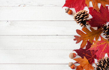 Colorful autumn leaves, nuts and pine cones. Side border over a white wood background. Overhead...