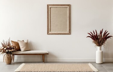 Ornate frame with beige matting on a white wall, with a white bench and plants