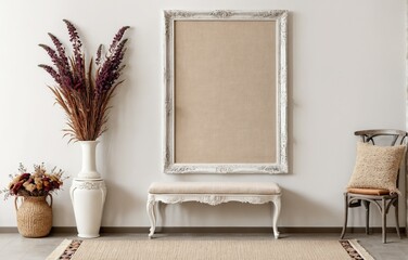 Ornate frame with beige matting on a white wall, with a white bench and plants - obrazy, fototapety, plakaty