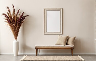 Modern living room with a bench, vase of dried flowers, picture frame - obrazy, fototapety, plakaty