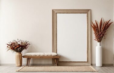 Frame and a vase of red and purple flowers on a beige wall.