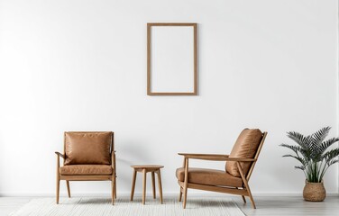 Living room with a blank picture frame, a wooden chair, and plants in woven baskets.