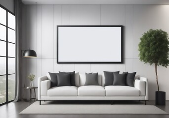 Fototapeta premium Blank frame. Modern living room with a gray sofa, coffee table, and houseplants.