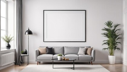 Blank frame. Modern living room with a gray sofa, coffee table, and houseplants.