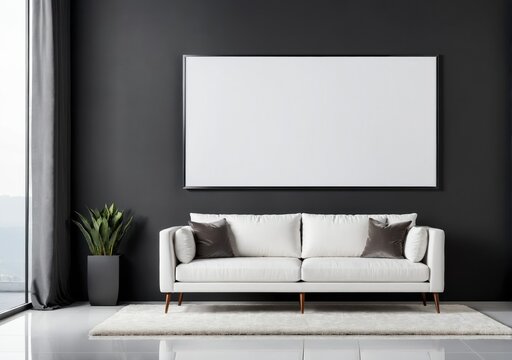 Blank frame. Modern living room with a gray sofa, coffee table, and houseplants.
