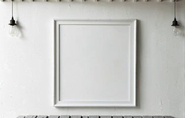 White picture frame on a white wall, and a window in the background. Concept mockup.