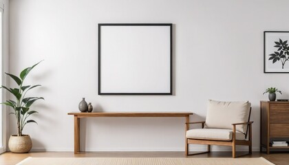 Modern living room with a blank picture frame, wooden chair. Concept mockup.