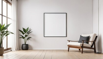 Modern living room with a blank picture frame, wooden chair. Concept mockup.