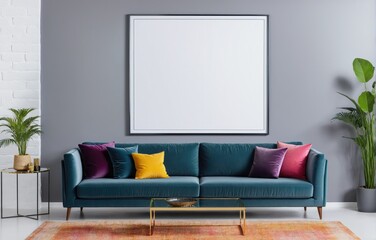 Modern living room with sofa, colorful pillows, white rug. Concept mockup.