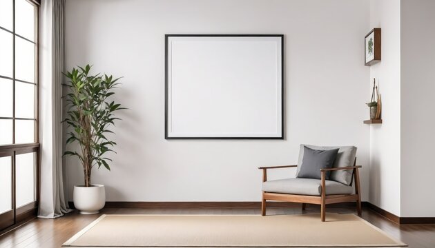 Modern living room with a blank picture frame, wooden chair. Concept mockup.