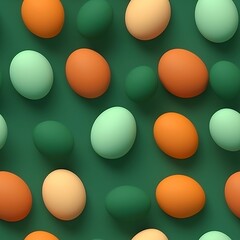 Pattern of green and orange Easter eggs over green background, 3d seamless texture design.