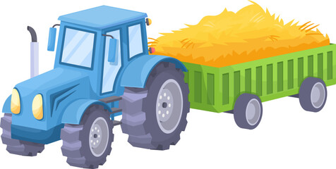 Tractor with hay cargo. Farm transport cartoon icon