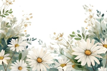 Watercolor white daisies, leaves plants on white background, wedding invitation