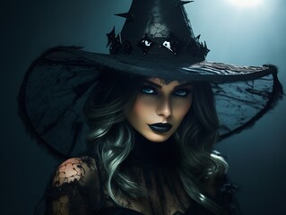 Portrait of sexy beautiful scary woman wear gothic witch costume and hat isolated on dark background with copy space, idea of Halloween party. - obrazy, fototapety, plakaty