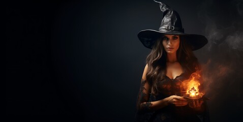 Portrait of sexy beautiful scary woman wear gothic witch costume and hat isolated on dark background with copy space, idea of Halloween party. - obrazy, fototapety, plakaty