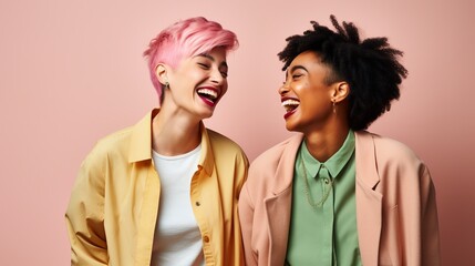 Two interracial best friends laughing and have a great time together, isolated on pink background, studio shot.