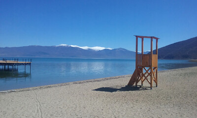 Lifeguard tower at Stenje beach, Prespa Lake, on a sunny spring day