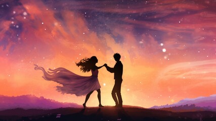 Silhouette of a romantic couple dancing in twilight under starry sky, happy anniversary wallpaper with copy space for text - obrazy, fototapety, plakaty