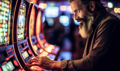 Fototapeta na wymiar Luck's Pull: Close-Up of Casino Slot Machine Play