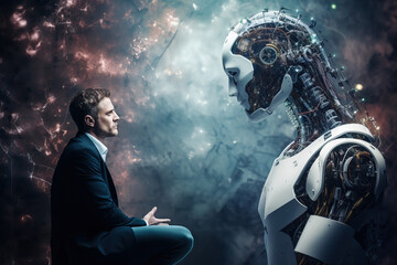 Man and artificial intelligence in a robot body opposite each other on the background of cyberspace. Man communicates with AI. Concept of transhumanism and threats from artificial intelligence